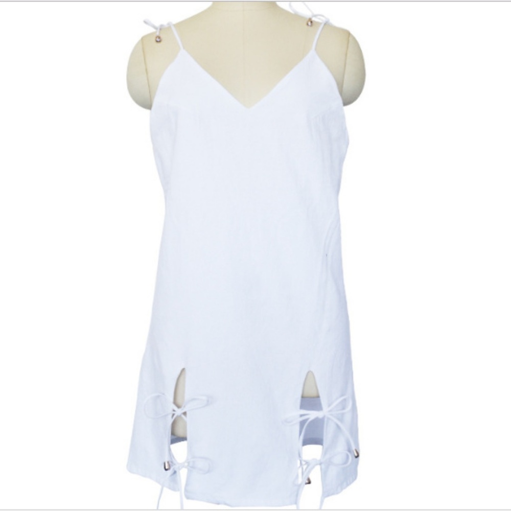 White Beach Party V Neck Lace Up Dress - Picture 7 of 8